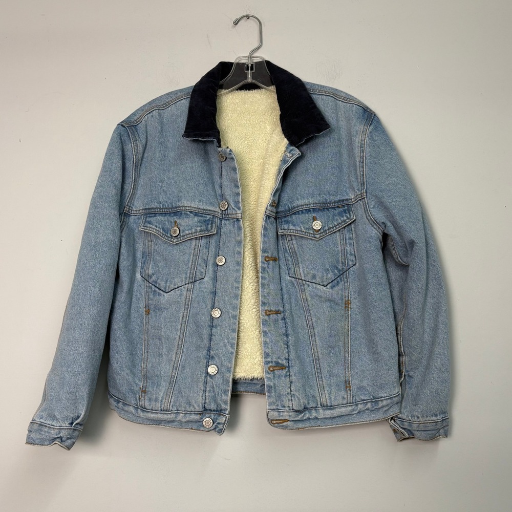 John Galt California Sherpa Lined Denim Trucker Jacket Light Wash Blue Mens M